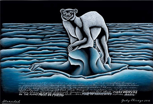 Judy Chicago, <i>Stranded</i>, from <i>The End: A Meditation on Death and Extinction</i>, 2016. Kiln-fired glass paint on black glass, 12 x 18 in. Courtesy of the artist; Salon 94, New York; and Jessica Silverman Gallery, San Francisco. ©Judy Chicago/Artists Rights Society (ARS), New York. Photo ©Donald Woodman/ARS, NY.