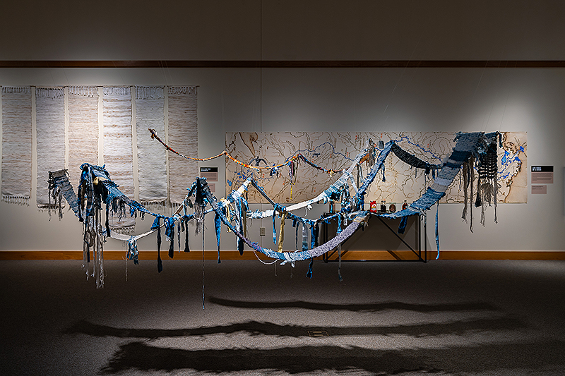 Aabijijiwan /Ukeyat yanalleh, It Flows Continuously: Karen Goulet and Monique Verdin at the Minnesota Marine Art Museum. Installation view, 2024. ©Minnesota Marine Art Museum, 2024. Courtesy of the museum. Photo credit: Bailey Bolton.