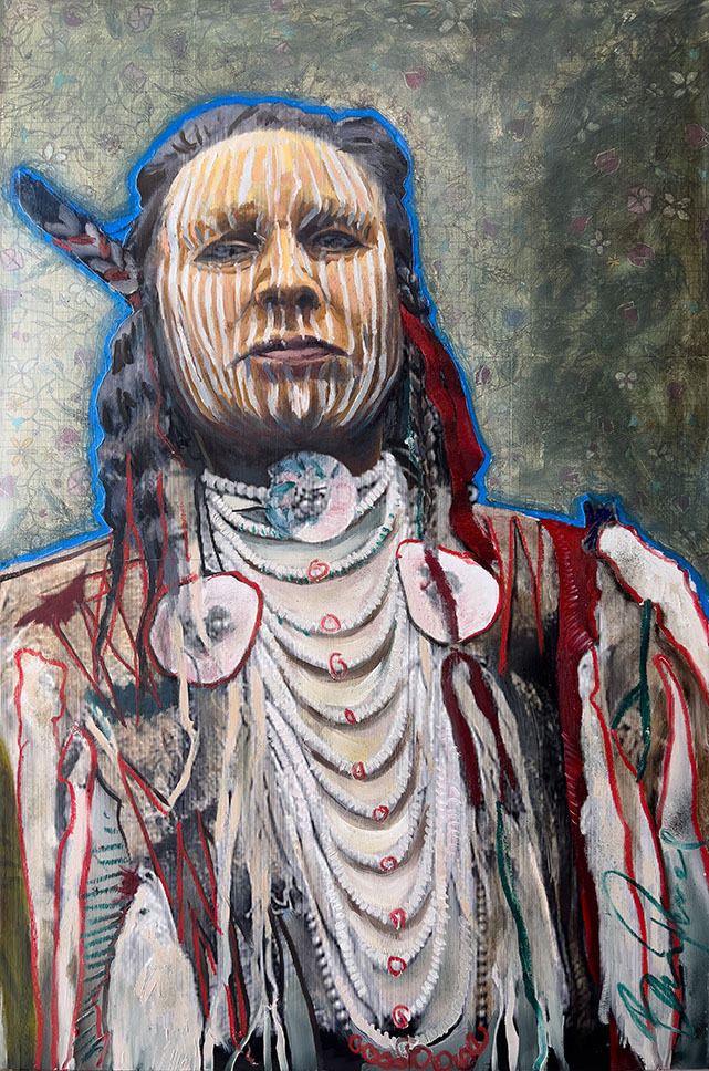 Ben Pease (Apsáalooke-Crow), A Man’s Worth Apsáalooke Scout White-Man-Runs-Him, 2022. Oil, acrylic, India ink, Inkjet print on paper, antique ledger paper on canvas. 24” by 36.” ©Ben Pease (Apsáalooke-Crow), 2022. Courtesy of the Katzen Arts Center.